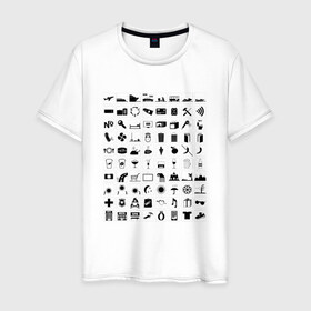 Мужская футболка хлопок с принтом 80 знаков для общения в Тюмени, 100% хлопок | прямой крой, круглый вырез горловины, длина до линии бедер, слегка спущенное плечо. | iconspeak | знание языков | объяснить на пальцах | пиктограммы значки travellers tshirt | понять иностранца | понять собеседника | путешествия | туризм | языковой барьер