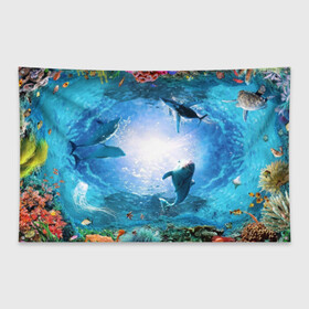 Флаг-баннер с принтом Дельфины в Тюмени, 100% полиэстер | размер 67 х 109 см, плотность ткани — 95 г/м2; по краям флага есть четыре люверса для крепления | fish | аква | аквариум | вода | кораллы | море | океан | ракушки | рыбки | рыбы