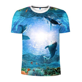 Мужская футболка 3D спортивная с принтом Дельфины в Тюмени, 100% полиэстер с улучшенными характеристиками | приталенный силуэт, круглая горловина, широкие плечи, сужается к линии бедра | fish | аква | аквариум | вода | кораллы | море | океан | ракушки | рыбки | рыбы
