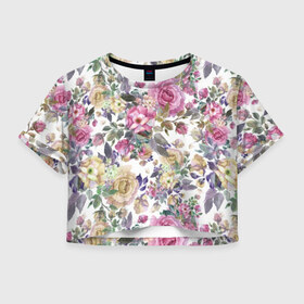 Женская футболка Cropp-top с принтом Розы в Тюмени, 100% полиэстер | круглая горловина, длина футболки до линии талии, рукава с отворотами | розы