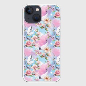 Чехол для iPhone 13 mini с принтом Узор с журавлями в Тюмени,  |  | art | birds | blooming | buds | cherry | crane | flowers | fly | japanese | leaves | pattern | petals | pink | red headed | spring | watercolor | акварель | бутоны | весна | вишня | журавль | искусство | красноголовый | лепестки | летают | листья | м | пт