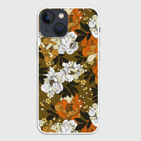 Чехол для iPhone 13 mini с принтом Пионы в Тюмени,  |  | art | buds | flowers | garden | leaves | orange | pattern | peonies | petals | summer | watercolor | white | акварель | белые | бутоны | искусство | лепестки | лето | листья | оранжевые | пионы | садовые | узор | цветы