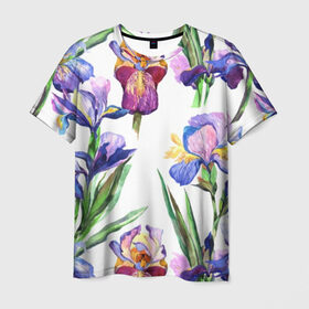 Мужская футболка 3D с принтом Ирисы в Тюмени, 100% полиэфир | прямой крой, круглый вырез горловины, длина до линии бедер | акварель | мода | стиль | цветочки | цветы