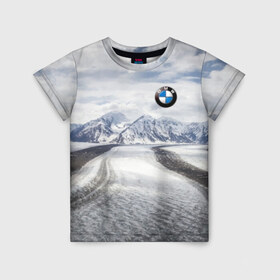 Детская футболка 3D с принтом BMW в Тюмени, 100% гипоаллергенный полиэфир | прямой крой, круглый вырез горловины, длина до линии бедер, чуть спущенное плечо, ткань немного тянется | bmw | clouds | ice | mountains | prestige | road | sky | snow | бмв | горы | дорога | лед | небо | облака | престиж | снег