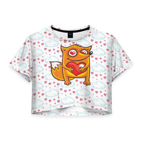 Женская футболка 3D укороченная с принтом Влюбленная лисичка в Тюмени, 100% полиэстер | круглая горловина, длина футболки до линии талии, рукава с отворотами | fox | foxed | арт | лис | лиса | лисенок | лисичка | пушистик | рыжая | рыжмй хвост