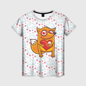 Женская футболка 3D с принтом Влюбленная лисичка в Тюмени, 100% полиэфир ( синтетическое хлопкоподобное полотно) | прямой крой, круглый вырез горловины, длина до линии бедер | fox | foxed | арт | лис | лиса | лисенок | лисичка | пушистик | рыжая | рыжмй хвост