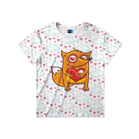 Детская футболка 3D с принтом Влюбленная лисичка в Тюмени, 100% гипоаллергенный полиэфир | прямой крой, круглый вырез горловины, длина до линии бедер, чуть спущенное плечо, ткань немного тянется | fox | foxed | арт | лис | лиса | лисенок | лисичка | пушистик | рыжая | рыжмй хвост
