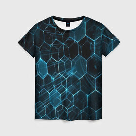 Женская футболка 3D с принтом Броня в Тюмени, 100% полиэфир ( синтетическое хлопкоподобное полотно) | прямой крой, круглый вырез горловины, длина до линии бедер | abstraction | geometry | hexagon | techno | абстракция | броня | геометрия | краски | неон | неоновый | сетка | соты | стальная броня | текстура | шестигранники