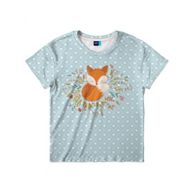 Детская футболка 3D с принтом Лисичка в цветах в Тюмени, 100% гипоаллергенный полиэфир | прямой крой, круглый вырез горловины, длина до линии бедер, чуть спущенное плечо, ткань немного тянется | fox | foxed | арт | лис | лиса | лисенок | лисичка | пушистик | рыжая | рыжмй хвост