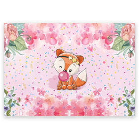 Поздравительная открытка с принтом Милая лисичка с жвачкой в Тюмени, 100% бумага | плотность бумаги 280 г/м2, матовая, на обратной стороне линовка и место для марки
 | fox | foxed | арт | лис | лиса | лисенок | лисичка | пушистик | рыжая | рыжмй хвост