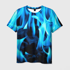 Мужская футболка 3D с принтом Синий огонь в Тюмени, 100% полиэфир | прямой крой, круглый вырез горловины, длина до линии бедер | fire | flame | in fire | smoke | в огне | дым | огненный | огонь | текстуры