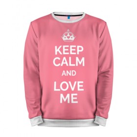 Мужской свитшот 3D с принтом Keep calm and love me в Тюмени, 100% полиэстер с мягким внутренним слоем | круглый вырез горловины, мягкая резинка на манжетах и поясе, свободная посадка по фигуре | and | call | crown | girl | heart | keep calm | keyboard | lips | me | red | royal | slogan | text | valentines day | валентина | губы | девиз | девушка | день | и | клавиатура | клавиши | королевская | корона | красный | лозунг | люби | любовь | меня | н