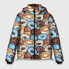 Мужская зимняя куртка 3D с принтом Пончики и кофе в Тюмени, верх — 100% полиэстер; подкладка — 100% полиэстер; утеплитель — 100% полиэстер | длина ниже бедра, свободный силуэт Оверсайз. Есть воротник-стойка, отстегивающийся капюшон и ветрозащитная планка. 

Боковые карманы с листочкой на кнопках и внутренний карман на молнии. | art | berries | blue | blueberries | brown | cake | candy | chocolate | coffee | cup | donuts | gifts | heart | painting | sweets | живопись | искусство | конфеты | коричневые | кофе | пирожное | подарки | пончики | сердце | синие | сладости | чашка | чер