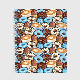 Тетрадь с принтом Пончики и кофе в Тюмени, 100% бумага | 48 листов, плотность листов — 60 г/м2, плотность картонной обложки — 250 г/м2. Листы скреплены сбоку удобной пружинной спиралью. Уголки страниц и обложки скругленные. Цвет линий — светло-серый
 | art | berries | blue | blueberries | brown | cake | candy | chocolate | coffee | cup | donuts | gifts | heart | painting | sweets | живопись | искусство | конфеты | коричневые | кофе | пирожное | подарки | пончики | сердце | синие | сладости | чашка | чер