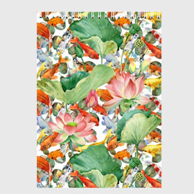 Скетчбук с принтом Карпы кои в Тюмени, 100% бумага
 | 48 листов, плотность листов — 100 г/м2, плотность картонной обложки — 250 г/м2. Листы скреплены сверху удобной пружинной спиралью | Тематика изображения на принте: art | carps | fish | flower | gold | japanese | koi | leaves | lotus | painting | pattern | petals | pond | stems | water | вода | живопись | золотая | искусство | карпы | кои | лепестки | листья | лотос | пруд | рыбка | узор | цветок | японская