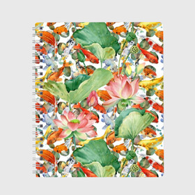Тетрадь с принтом Карпы кои в Тюмени, 100% бумага | 48 листов, плотность листов — 60 г/м2, плотность картонной обложки — 250 г/м2. Листы скреплены сбоку удобной пружинной спиралью. Уголки страниц и обложки скругленные. Цвет линий — светло-серый
 | art | carps | fish | flower | gold | japanese | koi | leaves | lotus | painting | pattern | petals | pond | stems | water | вода | живопись | золотая | искусство | карпы | кои | лепестки | листья | лотос | пруд | рыбка | узор | цветок | японская