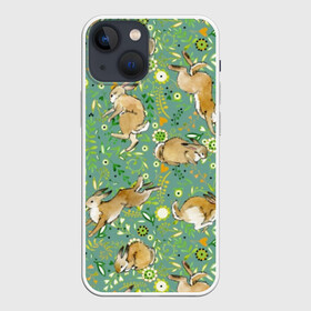 Чехол для iPhone 13 mini с принтом Милые зайчата в Тюмени,  |  | animals | art | cute | flowers | hares | hearts | meadow | painting | summer | watercolor | wild | акварель | дикие | живопись | животные | зайцы | искусство | лето | луг | любовь | милые | сердца | цветы