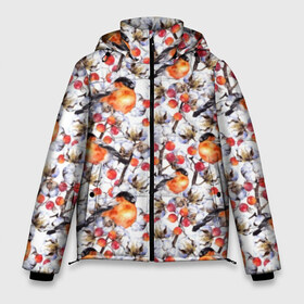 Мужская зимняя куртка 3D с принтом Снегири в Тюмени, верх — 100% полиэстер; подкладка — 100% полиэстер; утеплитель — 100% полиэстер | длина ниже бедра, свободный силуэт Оверсайз. Есть воротник-стойка, отстегивающийся капюшон и ветрозащитная планка. 

Боковые карманы с листочкой на кнопках и внутренний карман на молнии. | Тематика изображения на принте: art | berries | bullfinch | cocoons | cotton | nature | painting | plants | red | watercolor | winter birds | акварель | живопись | зимние | искусство | коконы | красные | природа | птицы | растения | снегири | хлопок | ягоды