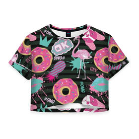 Женская футболка Cropp-top с принтом Пончики, мопсы и фламинго. в Тюмени, 100% полиэстер | круглая горловина, длина футболки до линии талии, рукава с отворотами | Тематика изображения на принте: bird | blots | breed | crown | dog | donuts | flamingo | ici | kiss | lips | pastries | pineapple | pink | pug | splashes | stripes | sweet | ананас | брызги | выпечка | глазурь | губы | женские | кляксы | корона | мопс | отпечаток | полосы | пончики | по