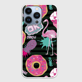 Чехол для iPhone 13 Pro с принтом Пончики, мопсы и фламинго. в Тюмени,  |  | bird | blots | breed | crown | dog | donuts | flamingo | ici | kiss | lips | pastries | pineapple | pink | pug | splashes | stripes | sweet | ананас | брызги | выпечка | глазурь | губы | женские | кляксы | корона | мопс | отпечаток | полосы | пончики | по