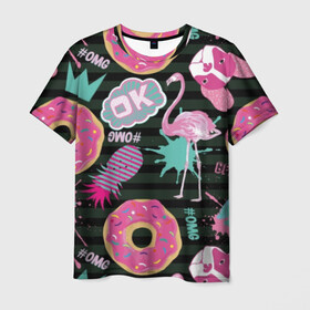 Мужская футболка 3D с принтом Пончики, мопсы и фламинго. в Тюмени, 100% полиэфир | прямой крой, круглый вырез горловины, длина до линии бедер | bird | blots | breed | crown | dog | donuts | flamingo | ici | kiss | lips | pastries | pineapple | pink | pug | splashes | stripes | sweet | ананас | брызги | выпечка | глазурь | губы | женские | кляксы | корона | мопс | отпечаток | полосы | пончики | по
