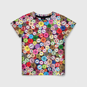 Детская футболка 3D с принтом Пуговицы в Тюмени, 100% гипоаллергенный полиэфир | прямой крой, круглый вырез горловины, длина до линии бедер, чуть спущенное плечо, ткань немного тянется | beautiful | buttons | different | holes | many | multi colored | round | scattering | дырки | красивые | круглые | много | пуговицы | разноцветные | разные | россыпь