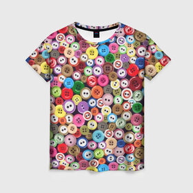 Женская футболка 3D с принтом Пуговицы в Тюмени, 100% полиэфир ( синтетическое хлопкоподобное полотно) | прямой крой, круглый вырез горловины, длина до линии бедер | beautiful | buttons | different | holes | many | multi colored | round | scattering | дырки | красивые | круглые | много | пуговицы | разноцветные | разные | россыпь