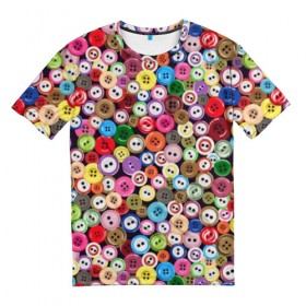 Мужская футболка 3D с принтом Пуговицы в Тюмени, 100% полиэфир | прямой крой, круглый вырез горловины, длина до линии бедер | beautiful | buttons | different | holes | many | multi colored | round | scattering | дырки | красивые | круглые | много | пуговицы | разноцветные | разные | россыпь