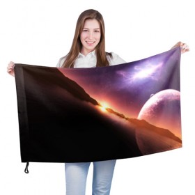Флаг 3D с принтом Космический закат в Тюмени, 100% полиэстер | плотность ткани — 95 г/м2, размер — 67 х 109 см. Принт наносится с одной стороны | Тематика изображения на принте: galaxy | nebula | space | star | абстракция | вселенная | галактика | звезда | звезды | космический | планеты