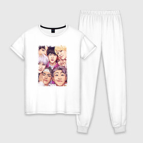 Женская пижама хлопок с принтом BTS в Тюмени, 100% хлопок | брюки и футболка прямого кроя, без карманов, на брюках мягкая резинка на поясе и по низу штанин | bangtan boys | bt21 | bts | bts army | bts stickers | j hope | jimin | jin | jungkook | k pop | rap monster | rapmon | suga | v | бтс | корея | стикеры bts