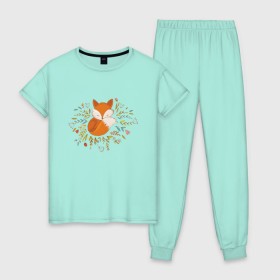 Женская пижама хлопок с принтом Лиса в цветах в Тюмени, 100% хлопок | брюки и футболка прямого кроя, без карманов, на брюках мягкая резинка на поясе и по низу штанин | fox | foxed | арт | лис | лиса | лисенок | лисичка | пушистик | рыжая | рыжмй хвост