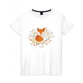Женская футболка хлопок с принтом Лиса в цветах в Тюмени, 100% хлопок | прямой крой, круглый вырез горловины, длина до линии бедер, слегка спущенное плечо | fox | foxed | арт | лис | лиса | лисенок | лисичка | пушистик | рыжая | рыжмй хвост