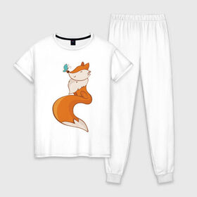 Женская пижама хлопок с принтом Лисичка и бабочка в Тюмени, 100% хлопок | брюки и футболка прямого кроя, без карманов, на брюках мягкая резинка на поясе и по низу штанин | fox | foxed | арт | лис | лиса | лисенок | лисичка | пушистик | рыжая | рыжмй хвост