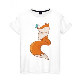 Женская футболка хлопок с принтом Лисичка и бабочка в Тюмени, 100% хлопок | прямой крой, круглый вырез горловины, длина до линии бедер, слегка спущенное плечо | fox | foxed | арт | лис | лиса | лисенок | лисичка | пушистик | рыжая | рыжмй хвост