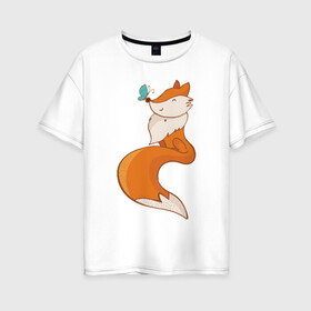 Женская футболка хлопок Oversize с принтом Лисичка и бабочка в Тюмени, 100% хлопок | свободный крой, круглый ворот, спущенный рукав, длина до линии бедер
 | fox | foxed | арт | лис | лиса | лисенок | лисичка | пушистик | рыжая | рыжмй хвост