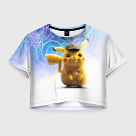 Женская футболка Cropp-top с принтом Pikachu Detective в Тюмени, 100% полиэстер | круглая горловина, длина футболки до линии талии, рукава с отворотами | anime | game | nintendo | pikachu | pokemon | аниме | детектив | игра | кино | пикачу | покемон | эш кетчум