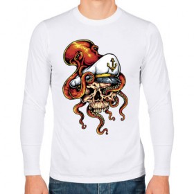 Мужской лонгслив хлопок с принтом Осьминог в Тюмени, 100% хлопок |  | anchor | octopus | peaked cap | skull | осьминог | фуражка | череп | якорь