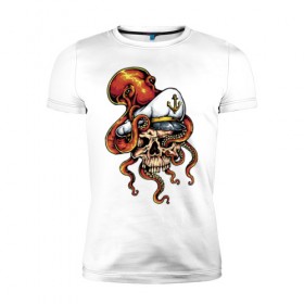 Мужская футболка премиум с принтом Осьминог в Тюмени, 92% хлопок, 8% лайкра | приталенный силуэт, круглый вырез ворота, длина до линии бедра, короткий рукав | Тематика изображения на принте: anchor | octopus | peaked cap | skull | осьминог | фуражка | череп | якорь