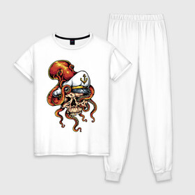 Женская пижама хлопок с принтом Осьминог в Тюмени, 100% хлопок | брюки и футболка прямого кроя, без карманов, на брюках мягкая резинка на поясе и по низу штанин | anchor | octopus | peaked cap | skull | осьминог | фуражка | череп | якорь