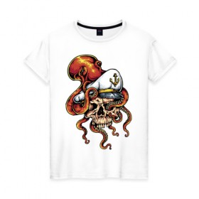 Женская футболка хлопок с принтом Осьминог в Тюмени, 100% хлопок | прямой крой, круглый вырез горловины, длина до линии бедер, слегка спущенное плечо | anchor | octopus | peaked cap | skull | осьминог | фуражка | череп | якорь