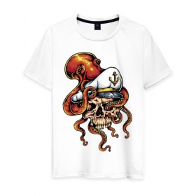 Мужская футболка хлопок с принтом Осьминог в Тюмени, 100% хлопок | прямой крой, круглый вырез горловины, длина до линии бедер, слегка спущенное плечо. | anchor | octopus | peaked cap | skull | осьминог | фуражка | череп | якорь