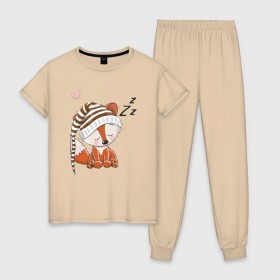 Женская пижама хлопок с принтом Сонный лисенок в Тюмени, 100% хлопок | брюки и футболка прямого кроя, без карманов, на брюках мягкая резинка на поясе и по низу штанин | fox | foxed | арт | лис | лиса | лисенок | лисичка | пушистик | рыжая | рыжмй хвост