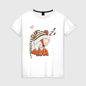 Женская футболка хлопок с принтом Сонный лисенок в Тюмени, 100% хлопок | прямой крой, круглый вырез горловины, длина до линии бедер, слегка спущенное плечо | fox | foxed | арт | лис | лиса | лисенок | лисичка | пушистик | рыжая | рыжмй хвост