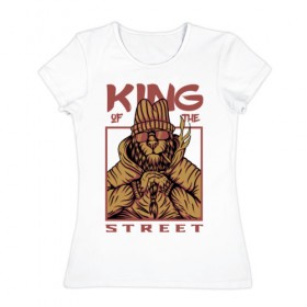 Женская футболка хлопок с принтом King of the street в Тюмени, 100% хлопок | прямой крой, круглый вырез горловины, длина до линии бедер, слегка спущенное плечо | king | животные | звери | король | король улиц | кот | кошка | кошки | лев | природа | улица
