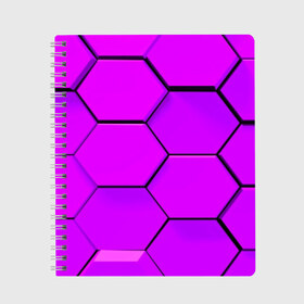 Тетрадь с принтом Неоновые соты в Тюмени, 100% бумага | 48 листов, плотность листов — 60 г/м2, плотность картонной обложки — 250 г/м2. Листы скреплены сбоку удобной пружинной спиралью. Уголки страниц и обложки скругленные. Цвет линий — светло-серый
 | abstraction | geometry | hexagon | techno | абстракция | броня | геометрия | краски | неон | неоновый | сетка | соты | стальная броня | текстура | шестигранники