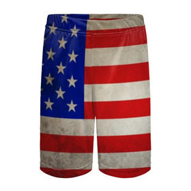 Детские спортивные шорты 3D с принтом Американский флаг в Тюмени,  100% полиэстер
 | пояс оформлен широкой мягкой резинкой, ткань тянется
 | usa | абстракция | америка | американский | герб | звезды | краска | символика сша | страны | сша | флаг | штаты