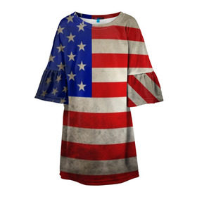 Детское платье 3D с принтом Американский флаг в Тюмени, 100% полиэстер | прямой силуэт, чуть расширенный к низу. Круглая горловина, на рукавах — воланы | Тематика изображения на принте: usa | абстракция | америка | американский | герб | звезды | краска | символика сша | страны | сша | флаг | штаты