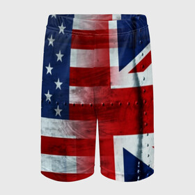 Детские спортивные шорты 3D с принтом Англия&Америка в Тюмени,  100% полиэстер
 | пояс оформлен широкой мягкой резинкой, ткань тянется
 | usa | абстракция | америка | американский | герб | звезды | краска | символика сша | страны | сша | флаг | штаты