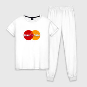 Женская пижама хлопок с принтом MasturBate в Тюмени, 100% хлопок | брюки и футболка прямого кроя, без карманов, на брюках мягкая резинка на поясе и по низу штанин | mastercard | принт | принт на футболке | футболка с принтом