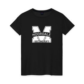 Женская футболка хлопок с принтом Moordale School в Тюмени, 100% хлопок | прямой крой, круглый вырез горловины, длина до линии бедер, слегка спущенное плечо | moordale | moordale school | moordale secondary | половое воспитание